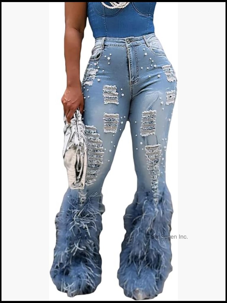 High Waisted Flare Ripped Pearl Jeans Bell Bottom Y2k Distressed Denim Pants